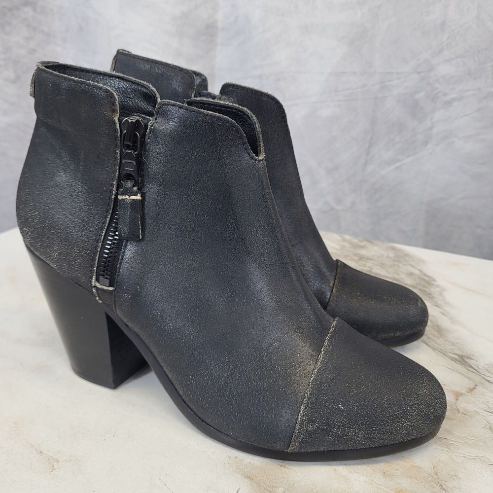Rag & Bone Size 39.5 Black Distressed Leather Dual Zip Cap Toe Chunky Block Heel